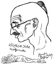 Mohandas Karamchand Gandhi. Zeichnung von Paul Beer mit Unterschrift des Porträtierten in: Der Abend (Wien) vom 26. Februar 1931